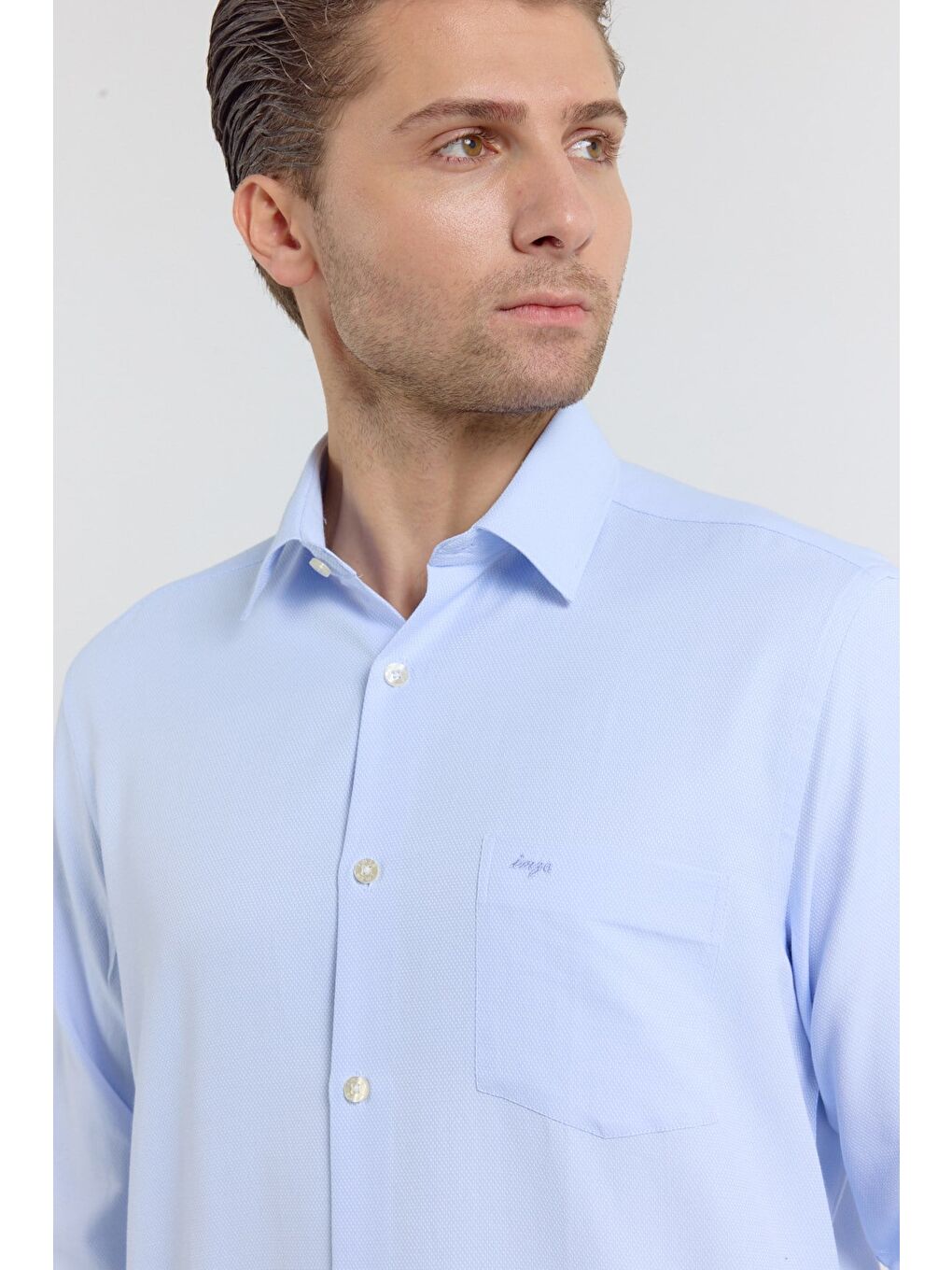 Mavi Kendinden Desenli Sert Yaka Uzun Kol Cepli Comfort Fit Pamuklu Gömlek 1004255206-3