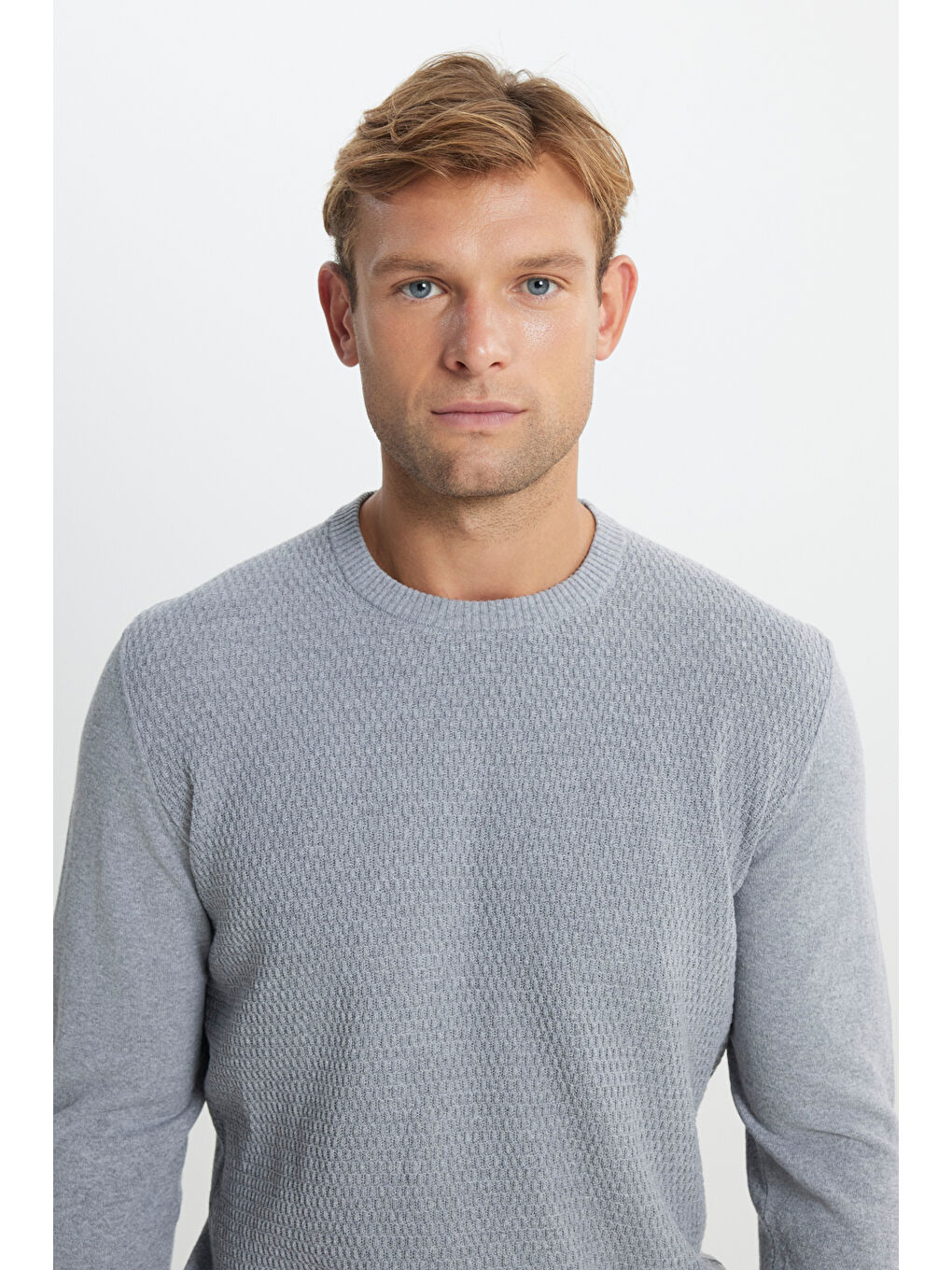 Erkek Gri Melanj Pamuklu Standart Fit Normal Kesim Bisiklet Yaka Jakarlı Triko Kazak-3