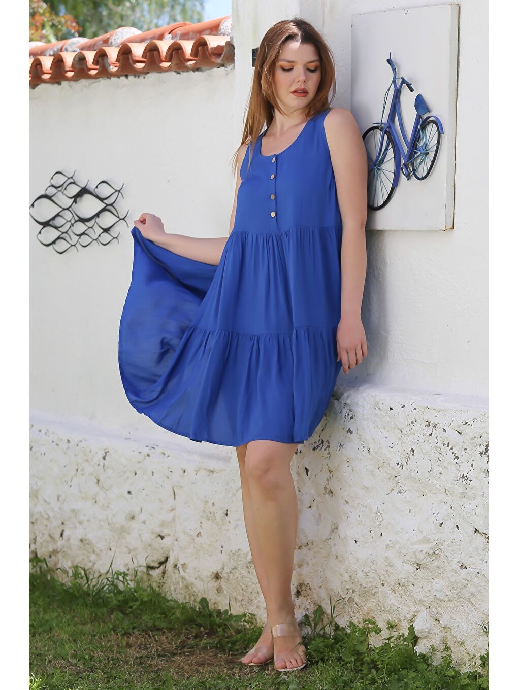 Mavi Havuz Yaka Kolsuz Düğmeli Eteği Fırfırlı Casual Viskon Dokuma Elbise 103 56-5