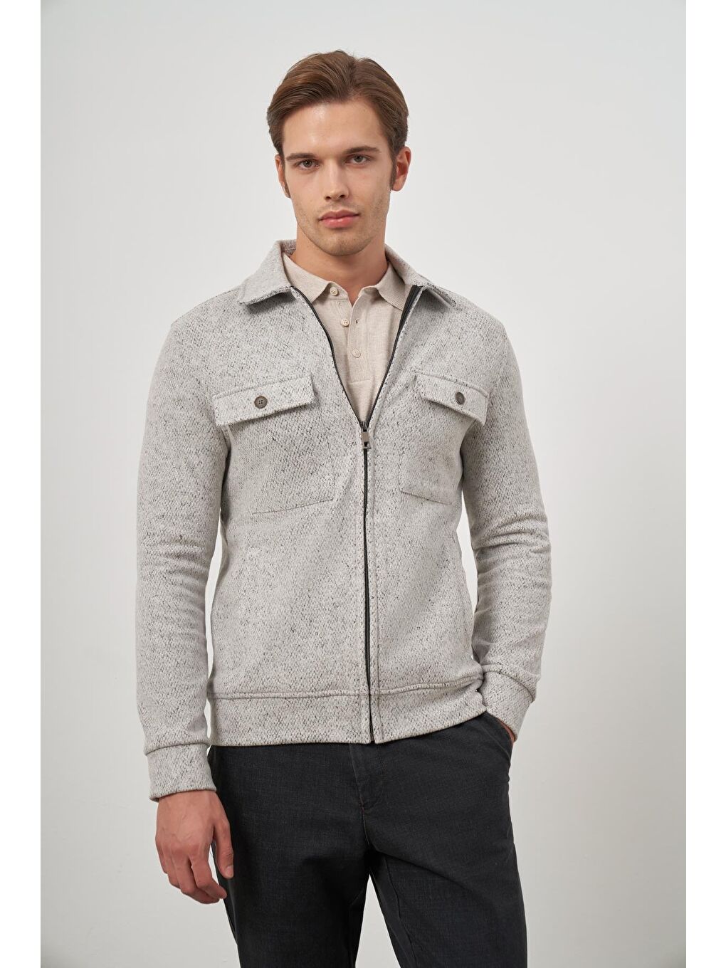 Bej Taş Rengi Örme Bebe Yaka Kendinden Desenli Yırtmaçsız Astarsız Slim Fit Classic Mont 1007245156