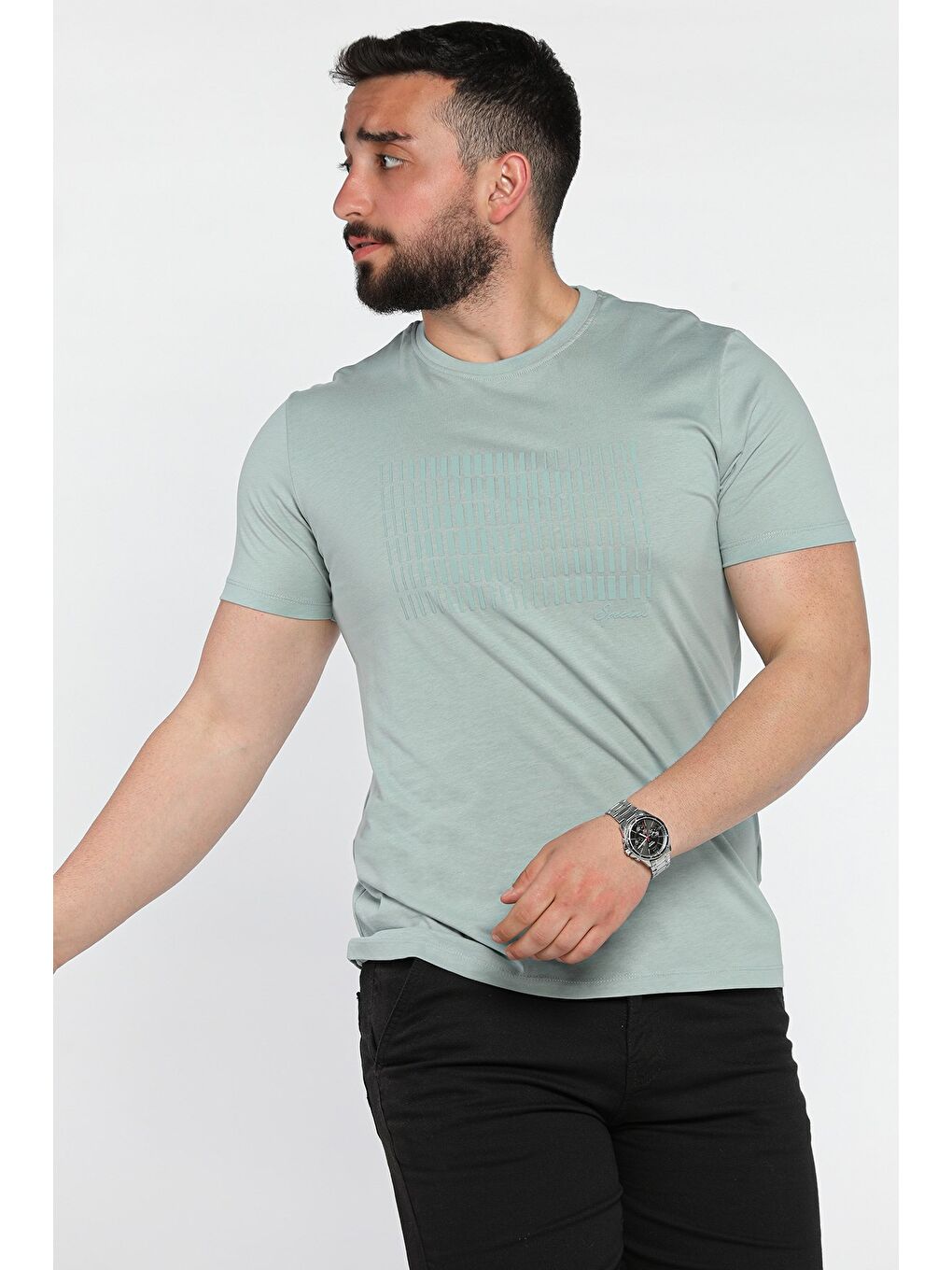 Yeşil Erkek Bisiklet Yaka Baskılı Tişört-1