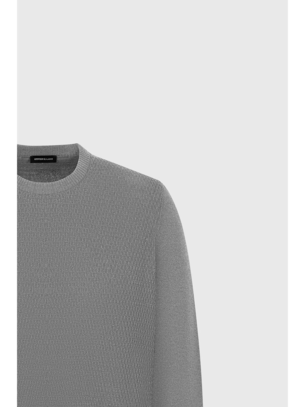 Erkek Gri Melanj Pamuklu Standart Fit Normal Kesim Bisiklet Yaka Jakarlı Triko Kazak-6