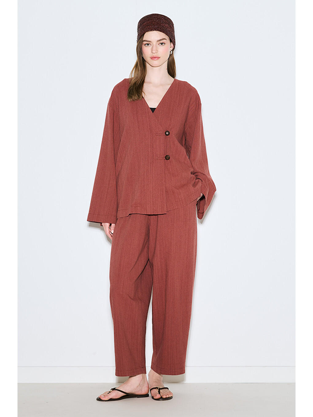 Kahverengi Rustik Düğmeli Kimono Kiremit-3
