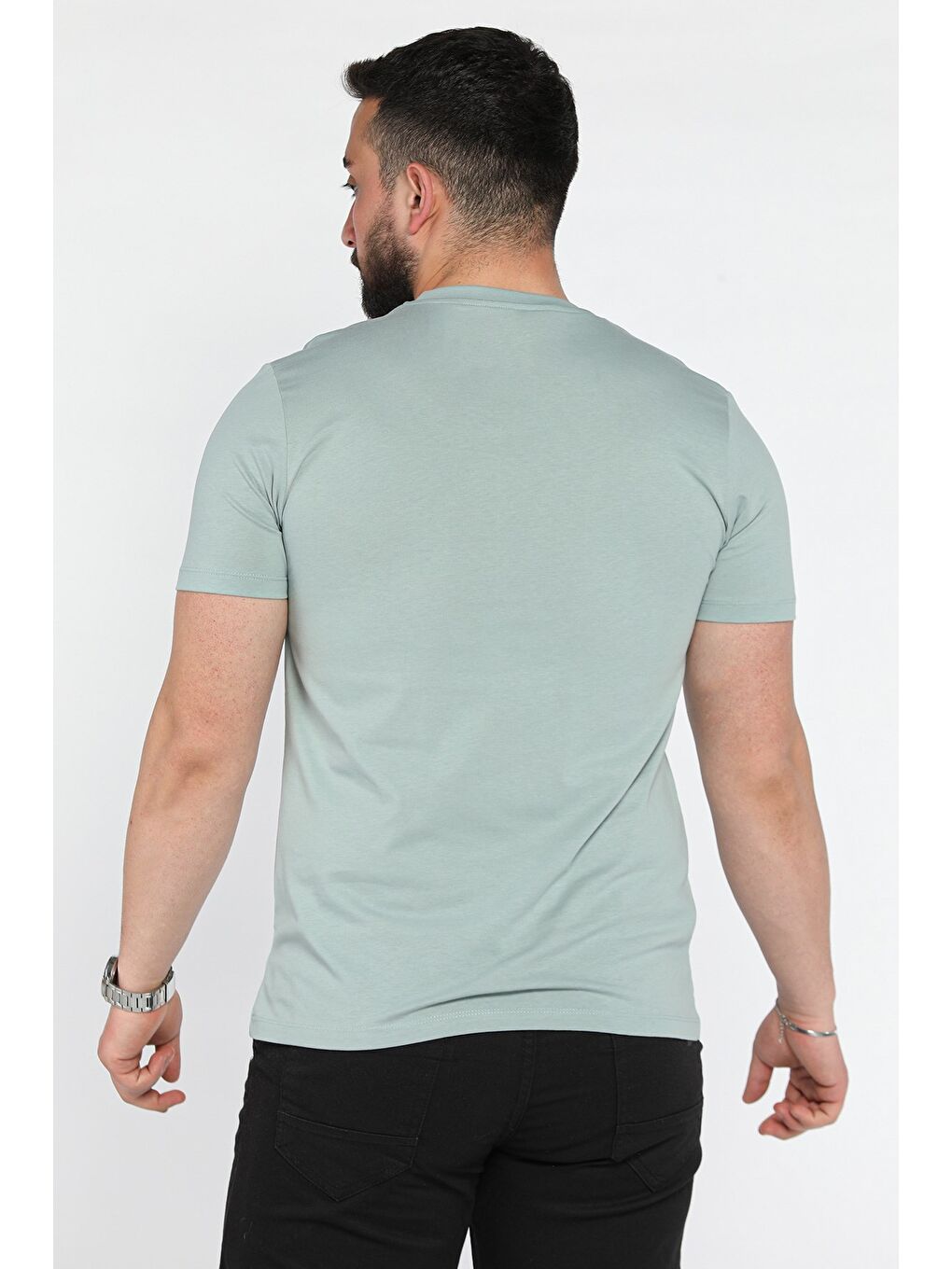 Yeşil Erkek Bisiklet Yaka Baskılı Tişört-2