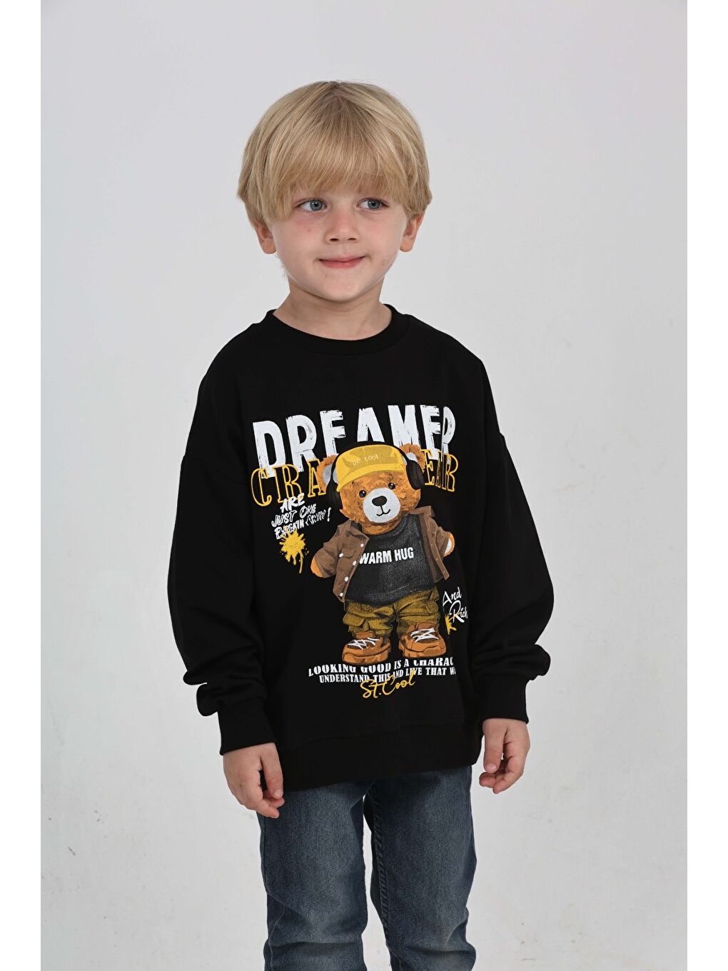 Siyah Erkek Çocuk Dreamer Ayı Baskılı Sweatshirt