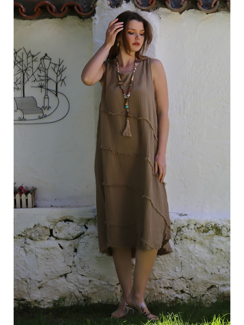 Kahverengi Sütlü Kahve Havuz Yaka Kolsuz Pis Dikişli Casual Müslin Dokuma Elbise 120 63-3