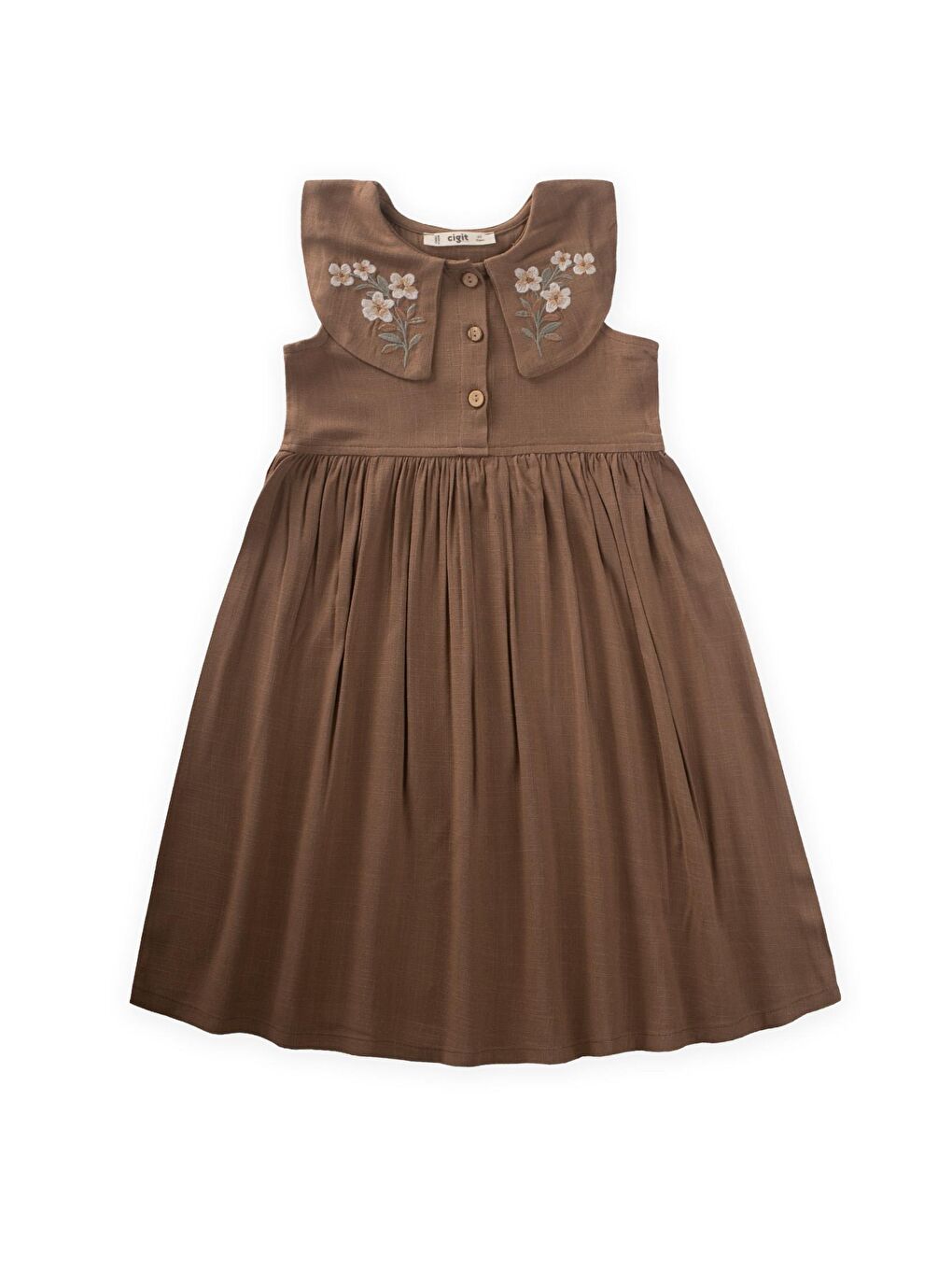 Kahverengi Kız Çocuk Nakışlı Keten Elbise