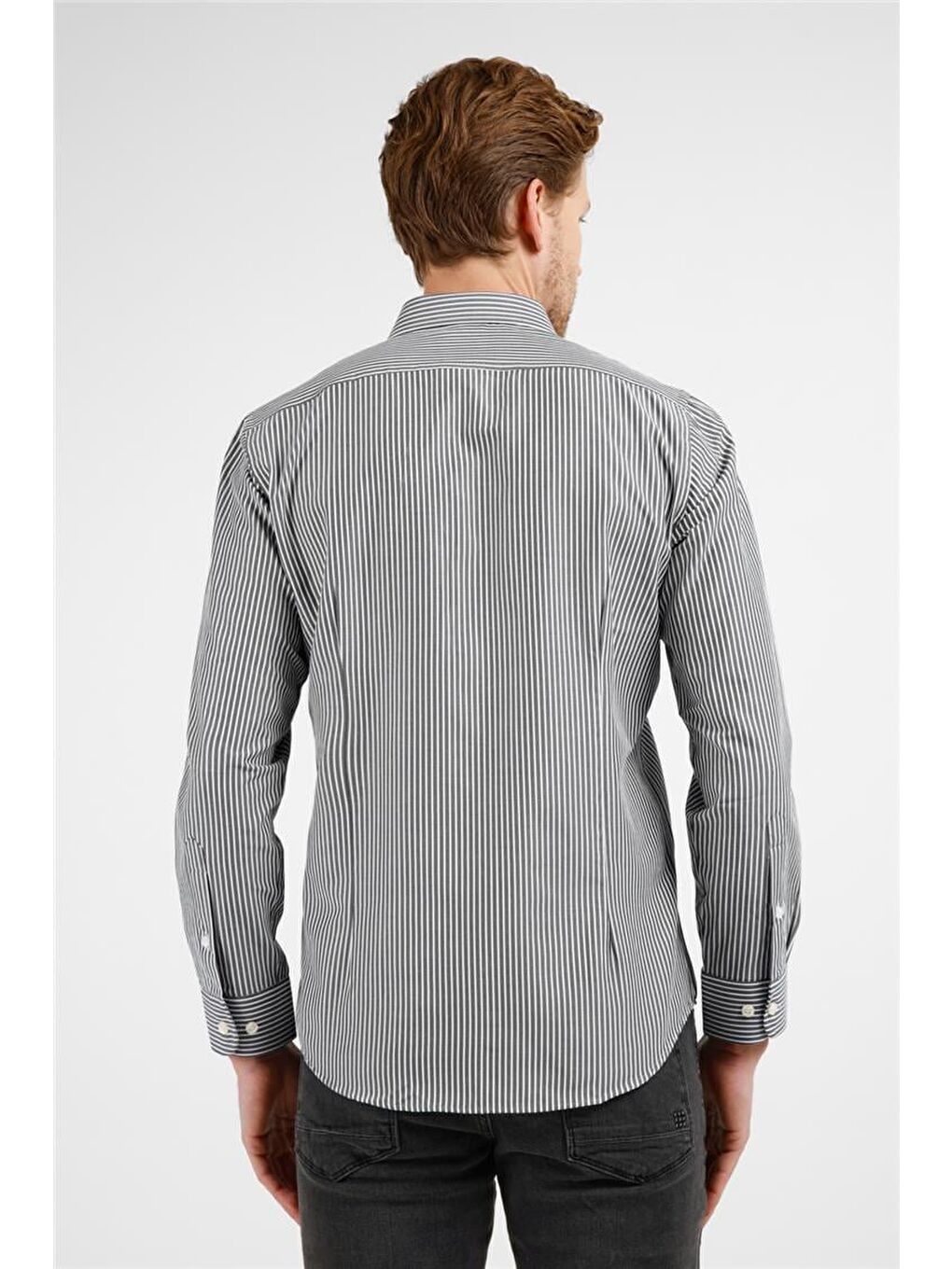 Siyah - Beyaz Çizgili Desen İtalyan Yaka Uzun Kol Cepsiz Slim Fit Pamuklu Gömlek 1004255217-4