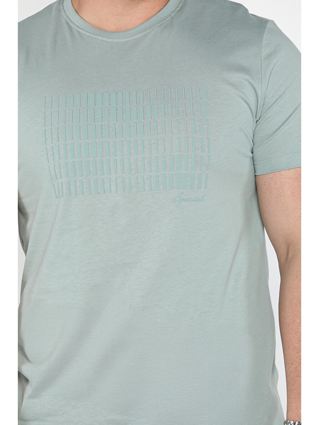 Yeşil Erkek Bisiklet Yaka Baskılı Tişört-3