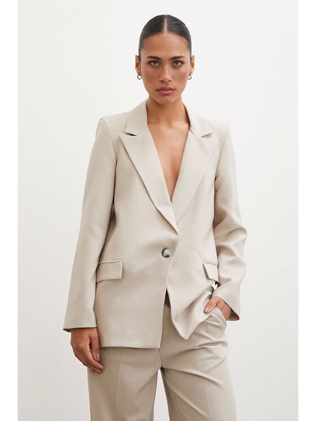 Tek Düğmeli Blazer Ceket Bej-1