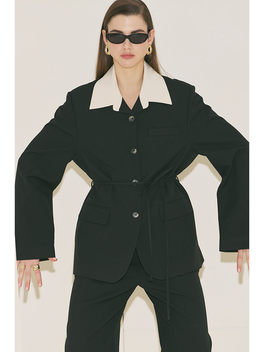 Kontrast Yakalı Tasarım Blazer Ceket Siyah