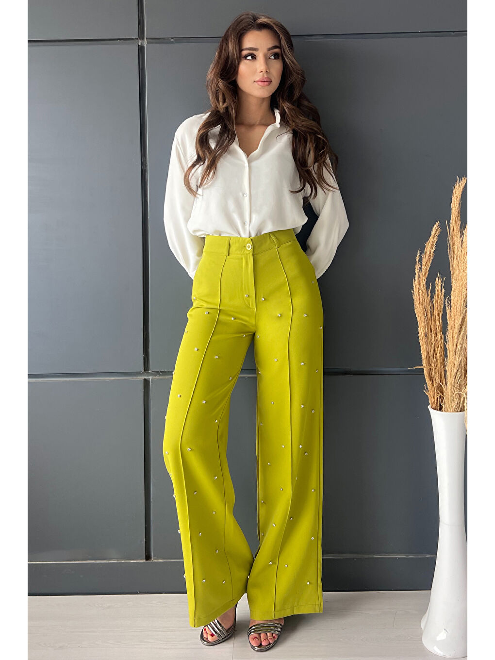 Yeşil Yüksek Bel Taşlı Çimalı Kadın Palazzo Pantolon