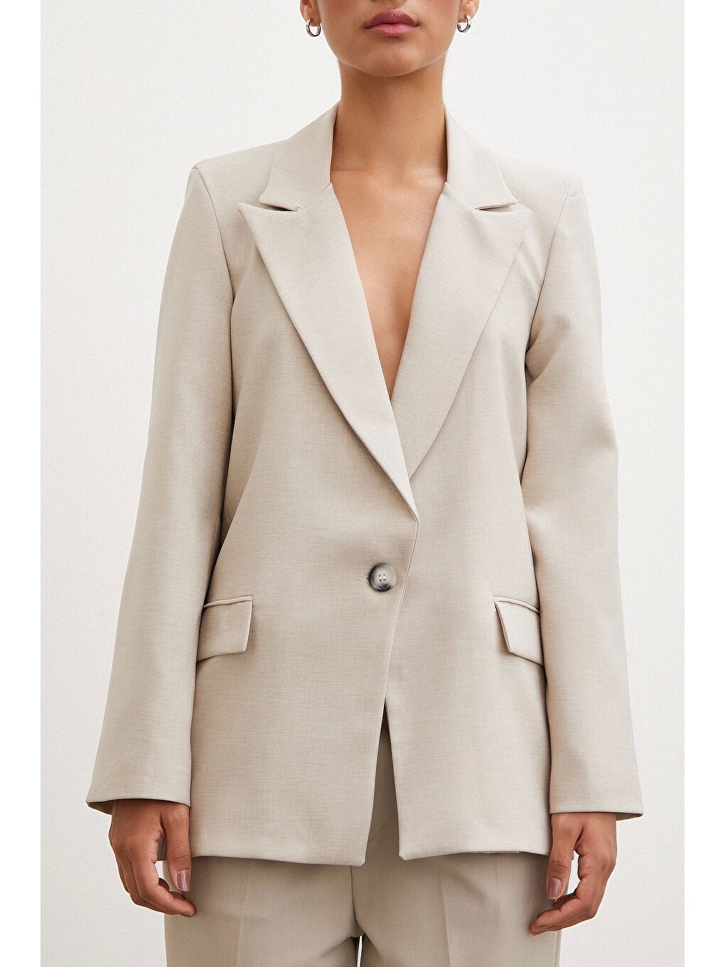 Tek Düğmeli Blazer Ceket Bej-2