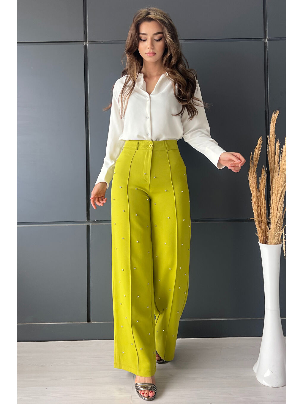 Yeşil Yüksek Bel Taşlı Çimalı Kadın Palazzo Pantolon-1