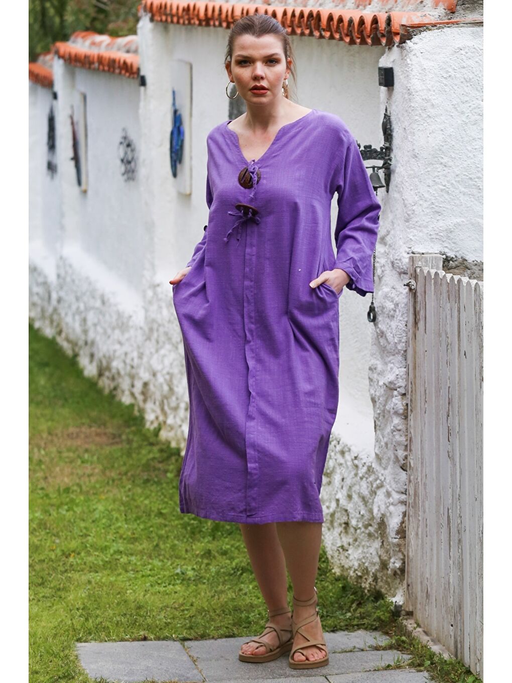 Mor V Yaka Düğmeli Uzun Kollu Casual Keten Görünümlü Dokuma Elbise 118 60-1