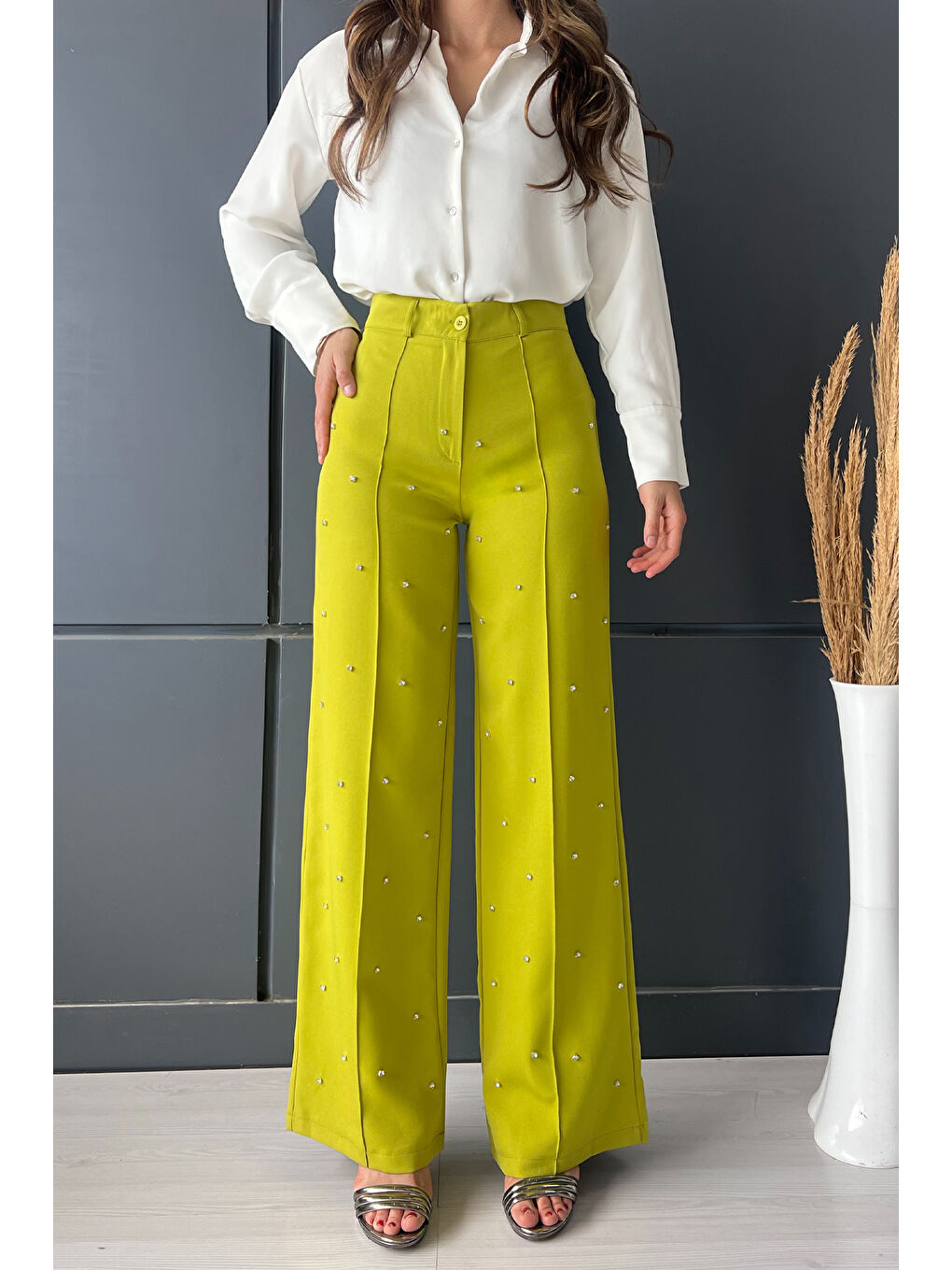 Yeşil Yüksek Bel Taşlı Çimalı Kadın Palazzo Pantolon-2