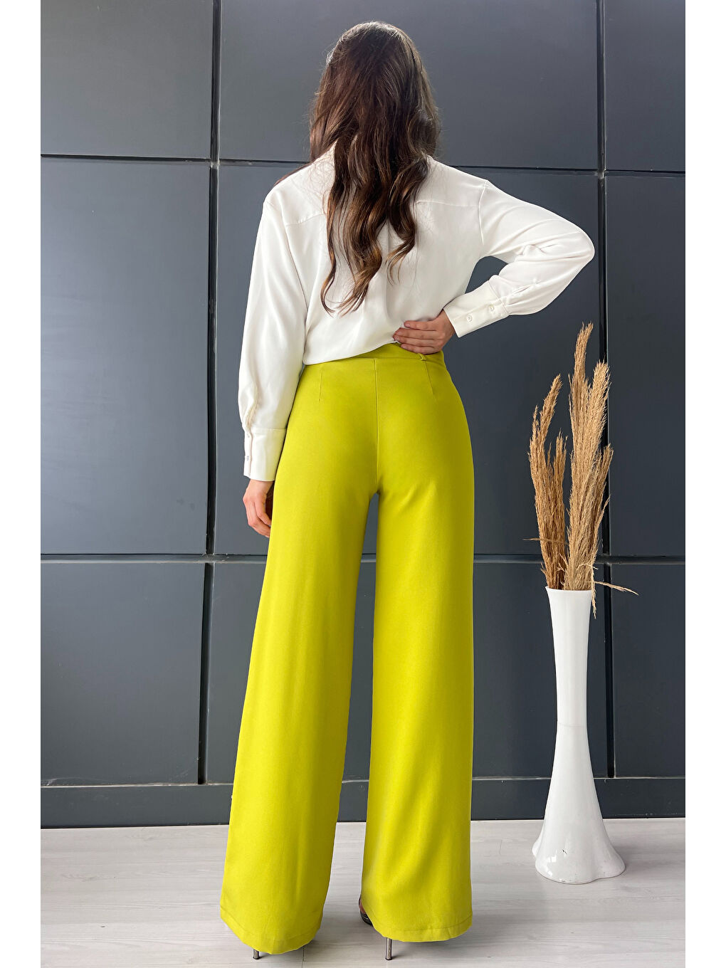 Yeşil Yüksek Bel Taşlı Çimalı Kadın Palazzo Pantolon-3