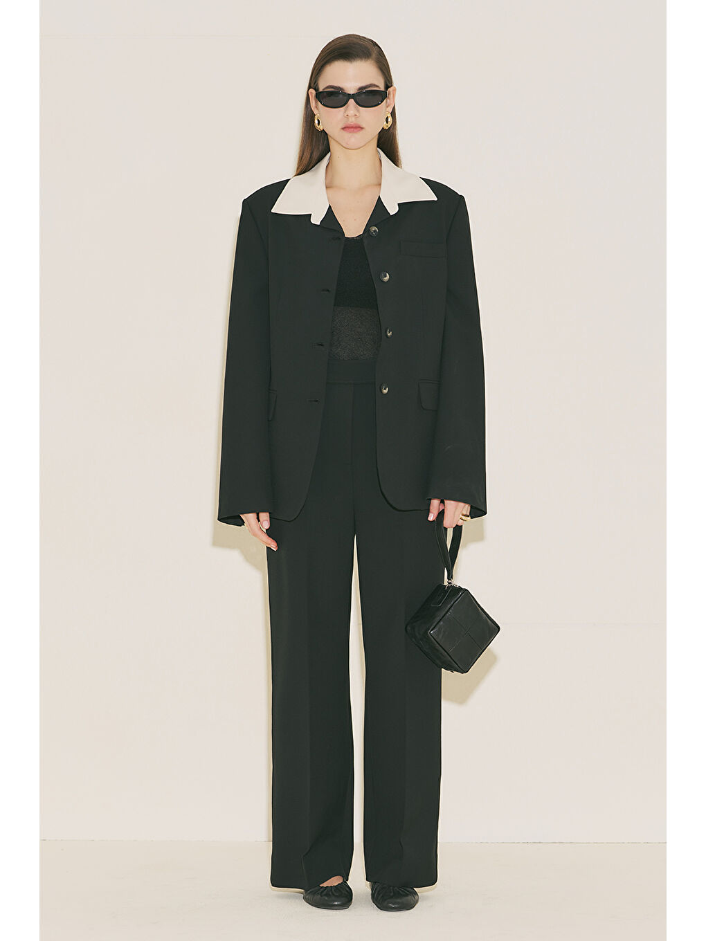 Kontrast Yakalı Tasarım Blazer Ceket Siyah-1