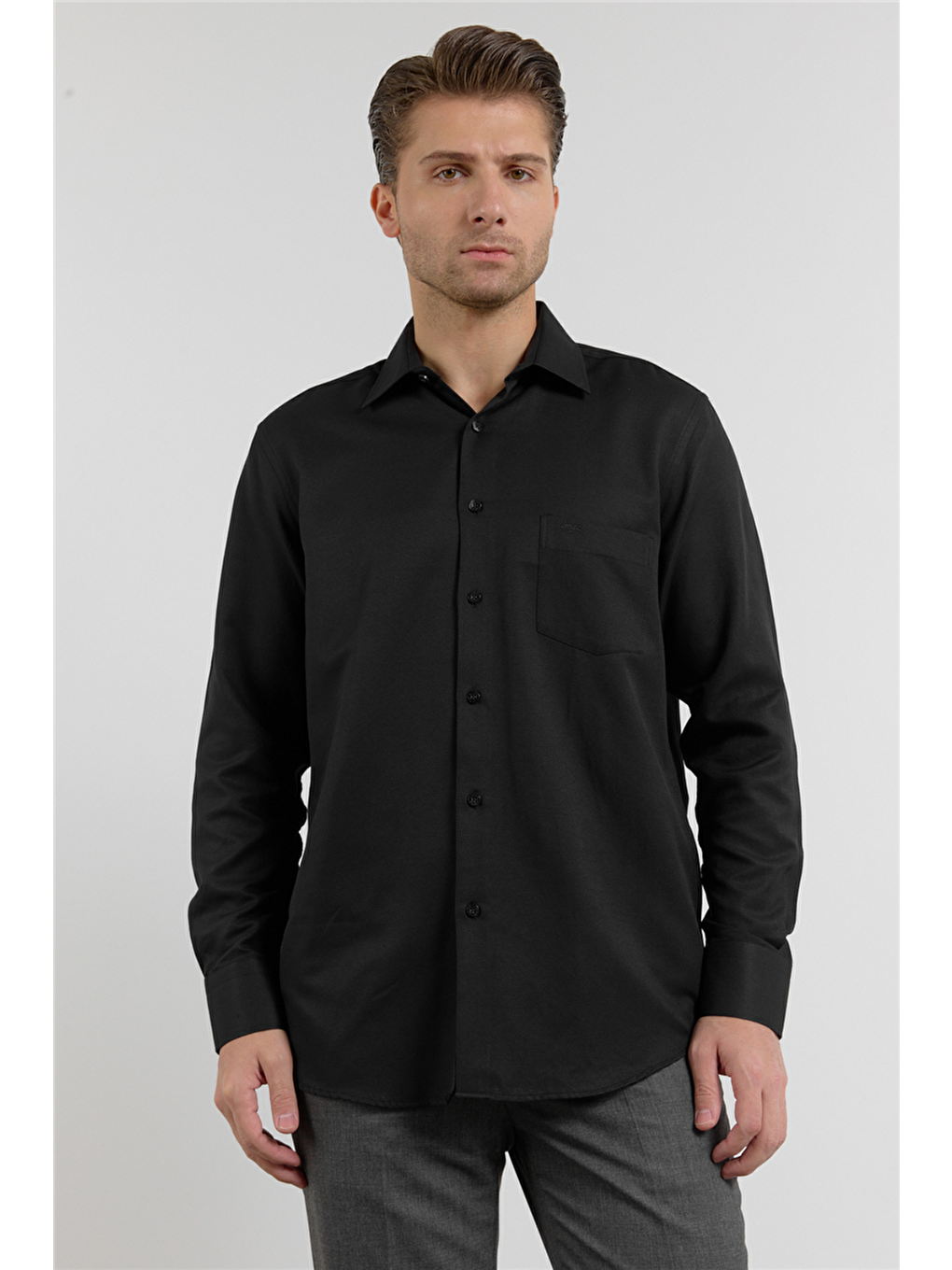 Siyah Kendinden Desenli Sert Yaka Uzun Kol Cepli Comfort Fit Pamuklu Gömlek 1004255206