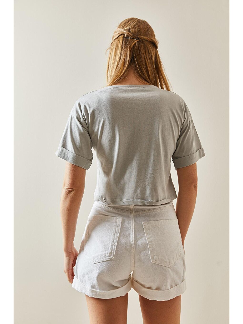 Gri Bisiklet Yaka Oversize Kolları Katlı Crop Tişört 4KXK1-47900-03-4