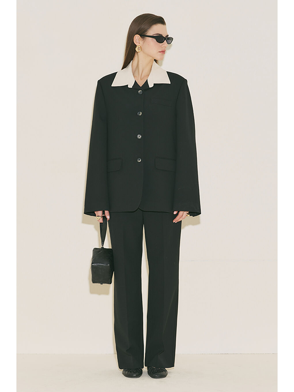 Kontrast Yakalı Tasarım Blazer Ceket Siyah-3