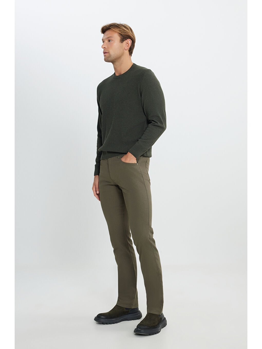 Erkek Haki Pamuklu Standart Fit Normal Kesim Bisiklet Yaka Jakarlı Triko Kazak-1