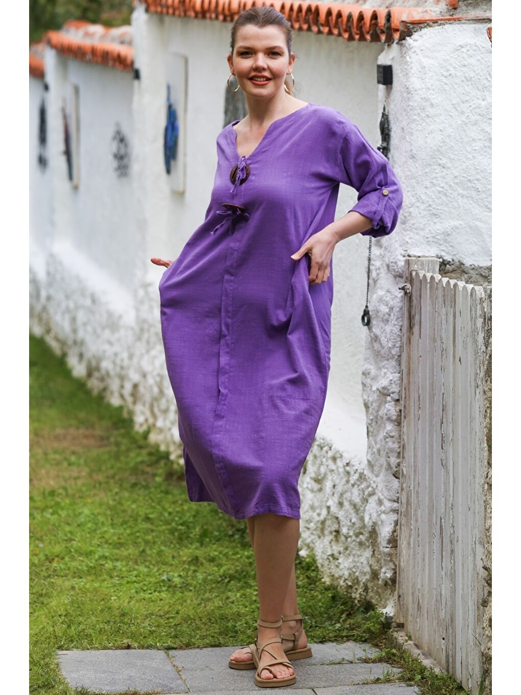 Mor V Yaka Düğmeli Uzun Kollu Casual Keten Görünümlü Dokuma Elbise 118 60-3