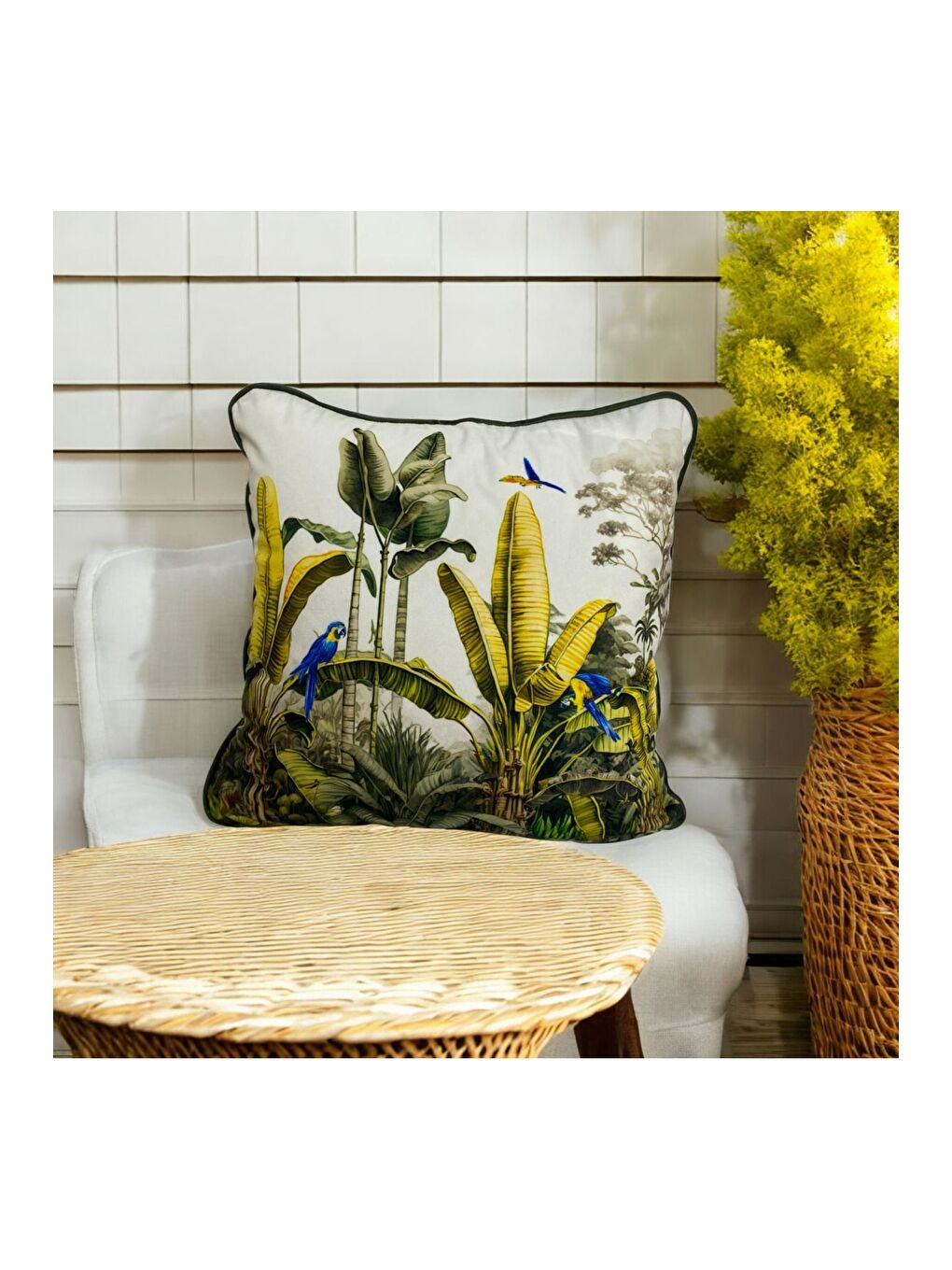 Yeşil Bitki Desen Saçaklı Dekoratif Kırlent Kılıfı 45x45