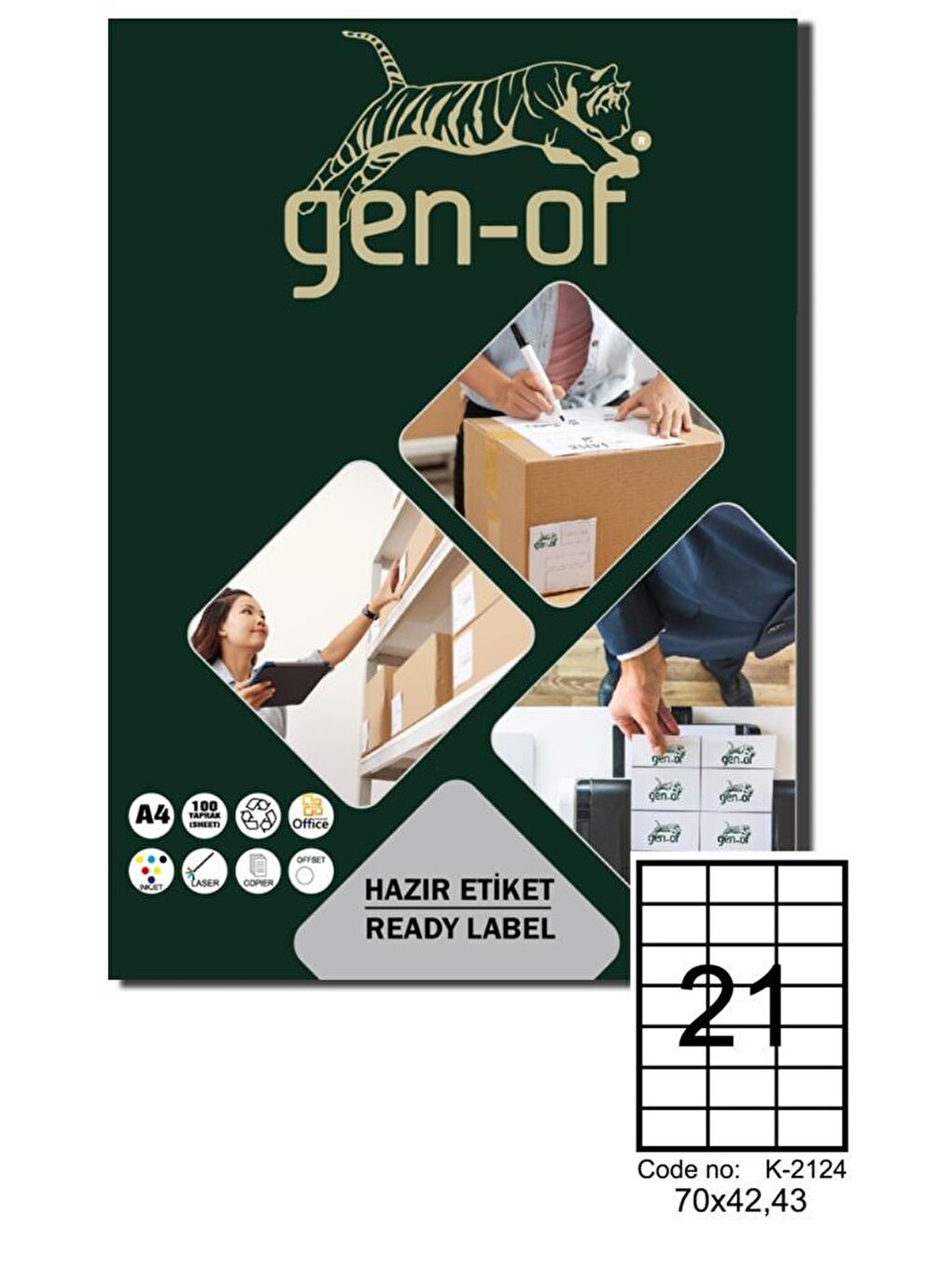 Gen-Of Beyaz GK-2124 Laser Etiket 70x42.43 100 Sayfa(2100 Etiket)