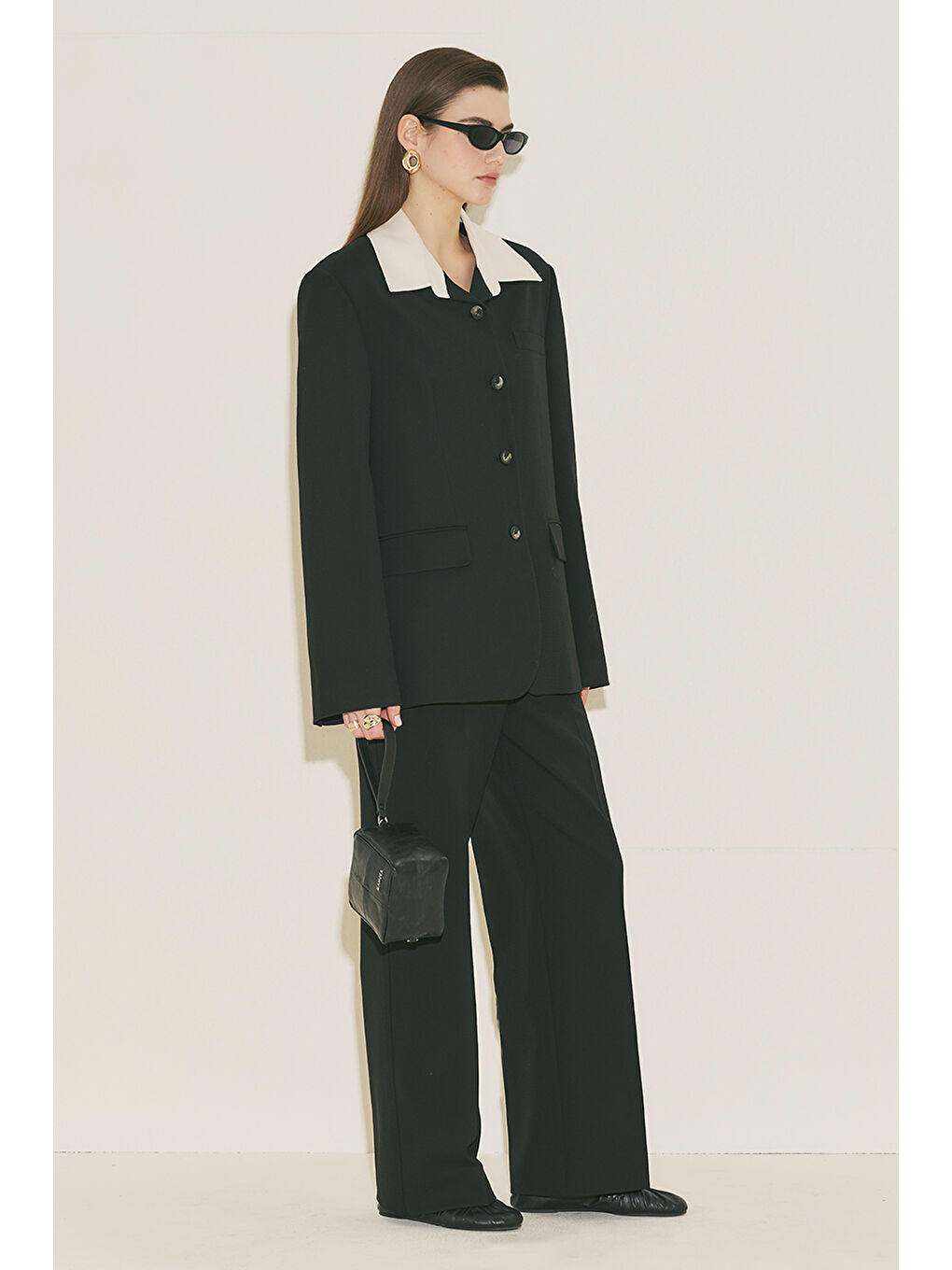 Kontrast Yakalı Tasarım Blazer Ceket Siyah-4