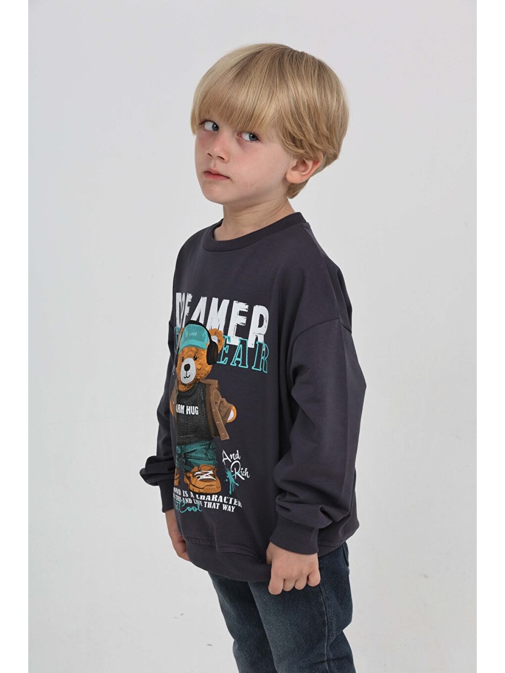 Antrasit Erkek Çocuk Dreamer Ayı Baskılı Sweatshirt-1