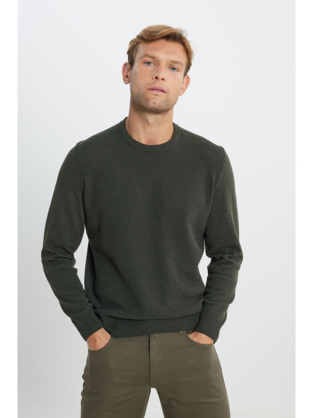 Erkek Haki Pamuklu Standart Fit Normal Kesim Bisiklet Yaka Jakarlı Triko Kazak-2