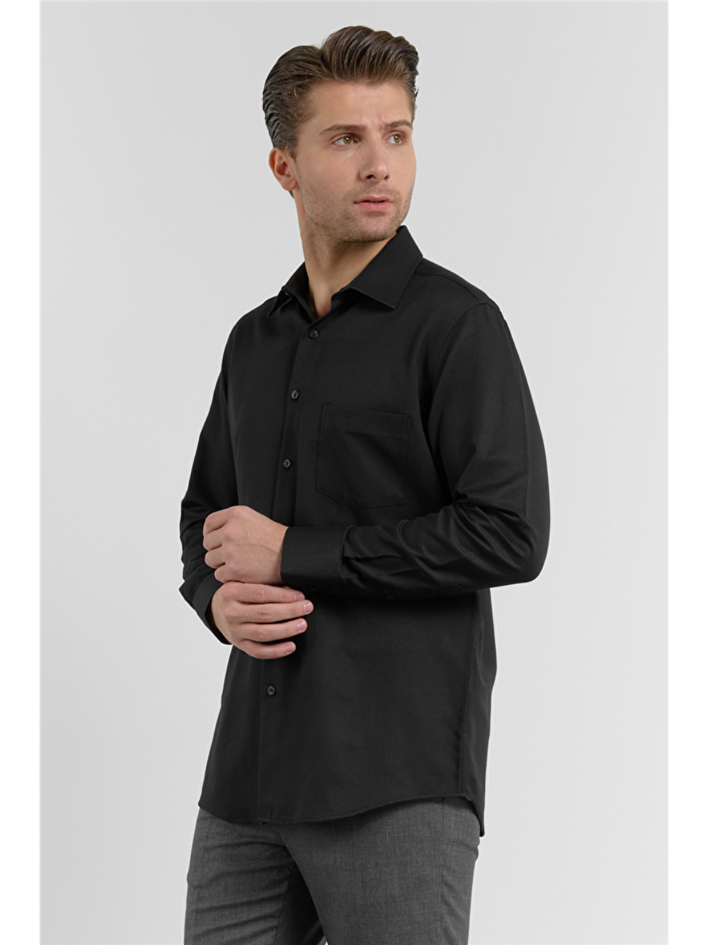 Siyah Kendinden Desenli Sert Yaka Uzun Kol Cepli Comfort Fit Pamuklu Gömlek 1004255206-2