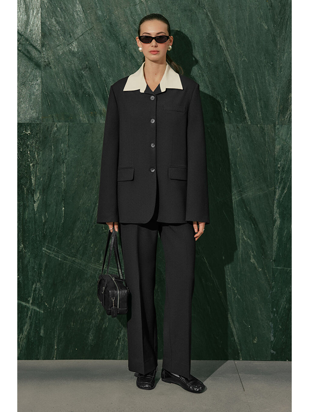 Kontrast Yakalı Tasarım Blazer Ceket Siyah-6
