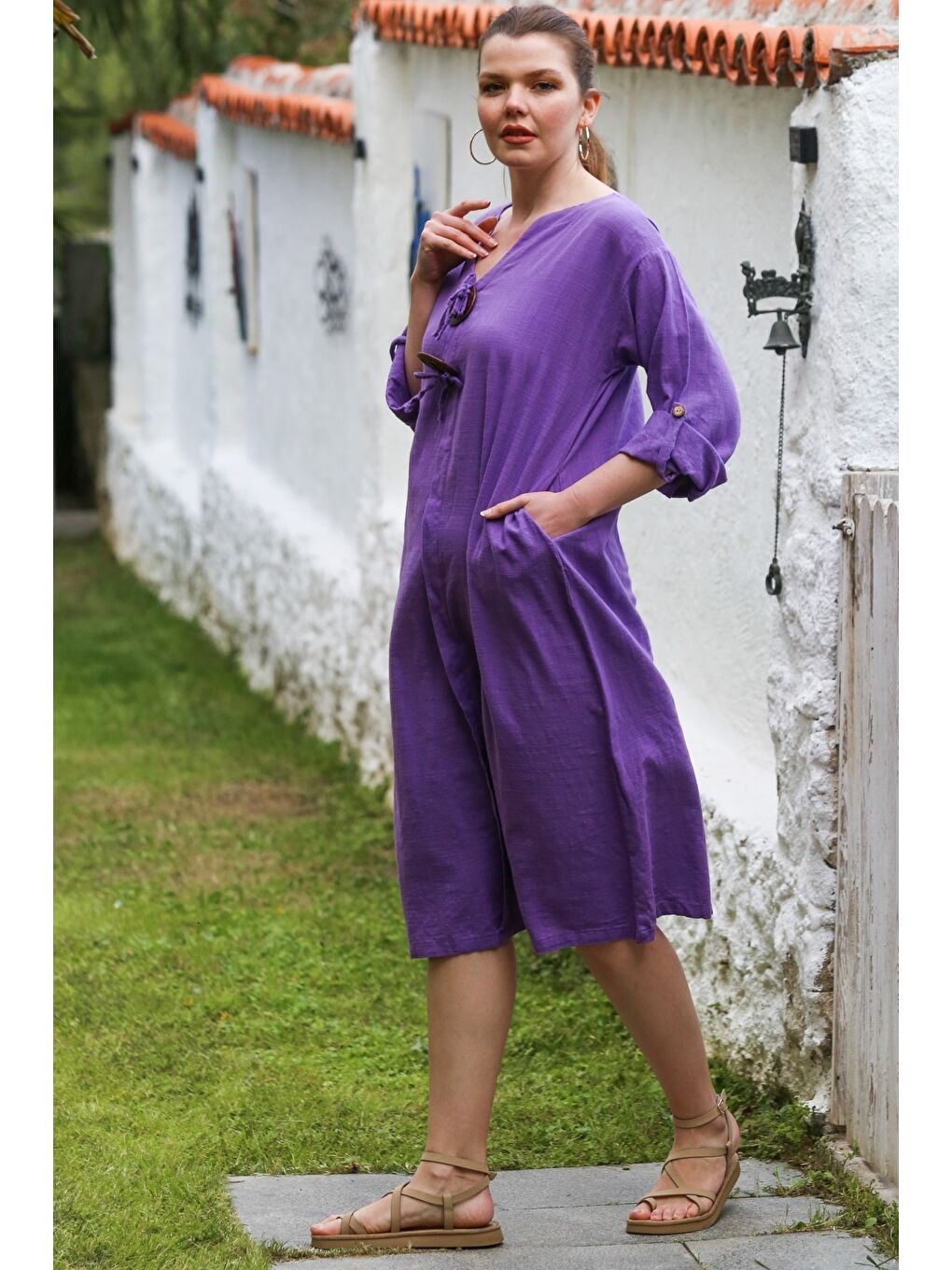 Mor V Yaka Düğmeli Uzun Kollu Casual Keten Görünümlü Dokuma Elbise 118 60-4