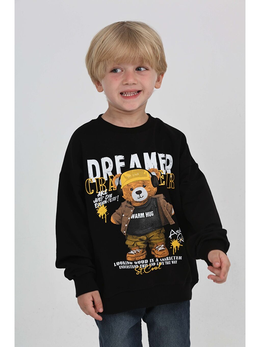 Siyah Erkek Çocuk Dreamer Ayı Baskılı Sweatshirt-3