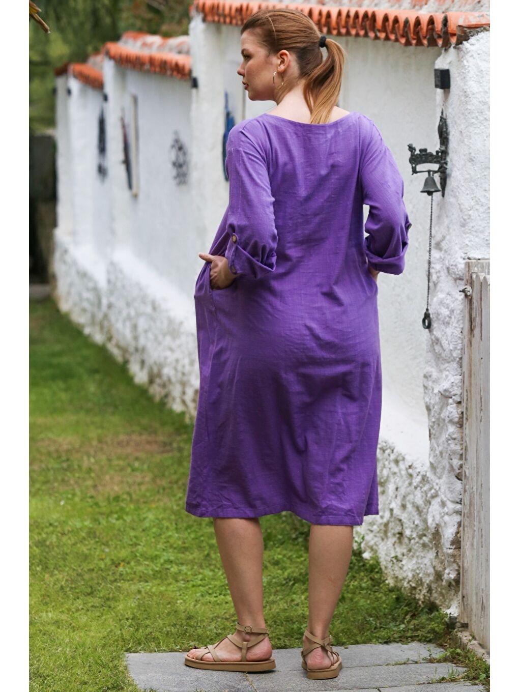 Mor V Yaka Düğmeli Uzun Kollu Casual Keten Görünümlü Dokuma Elbise 118 60-5
