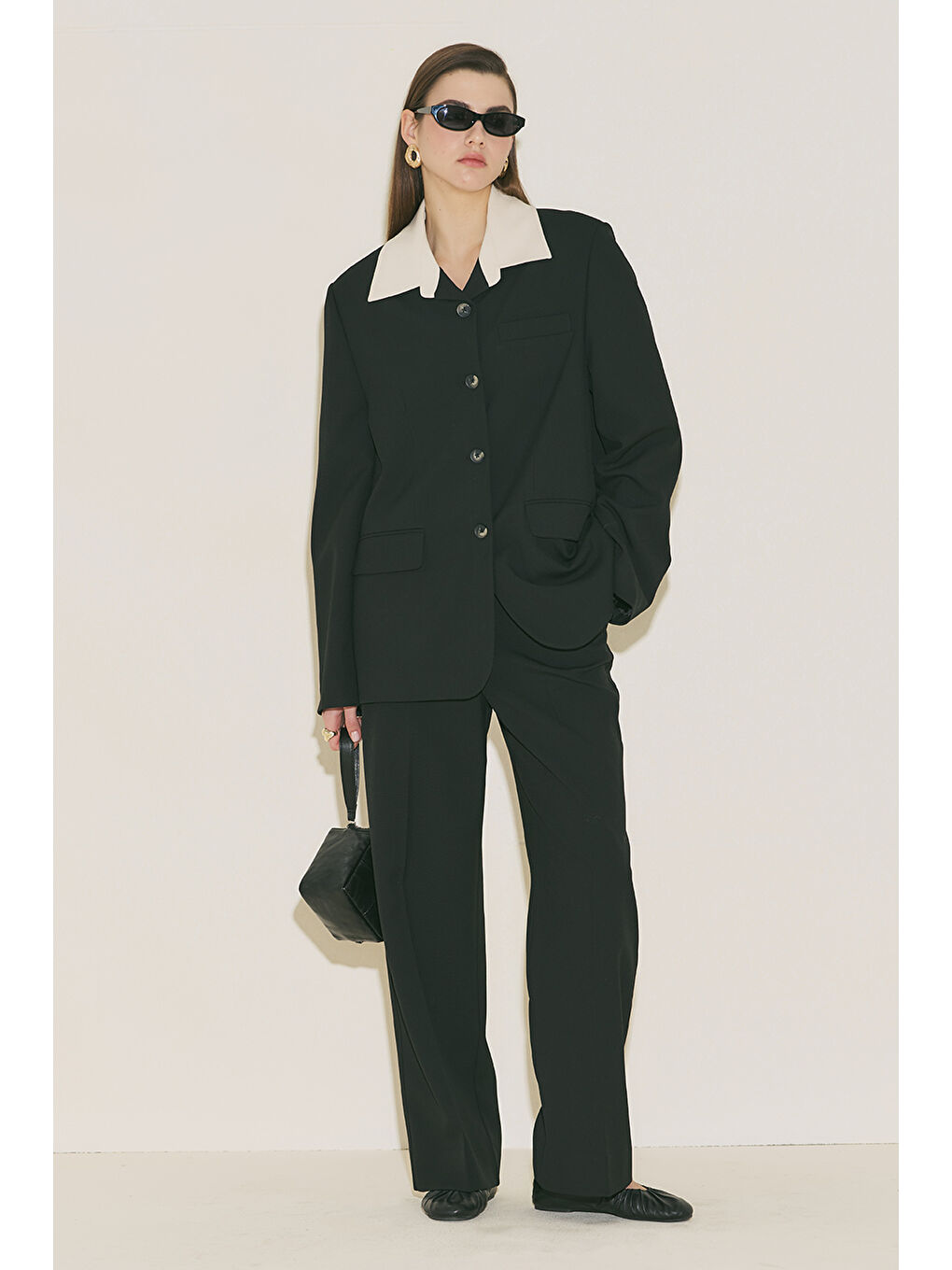 Kontrast Yakalı Tasarım Blazer Ceket Siyah-8