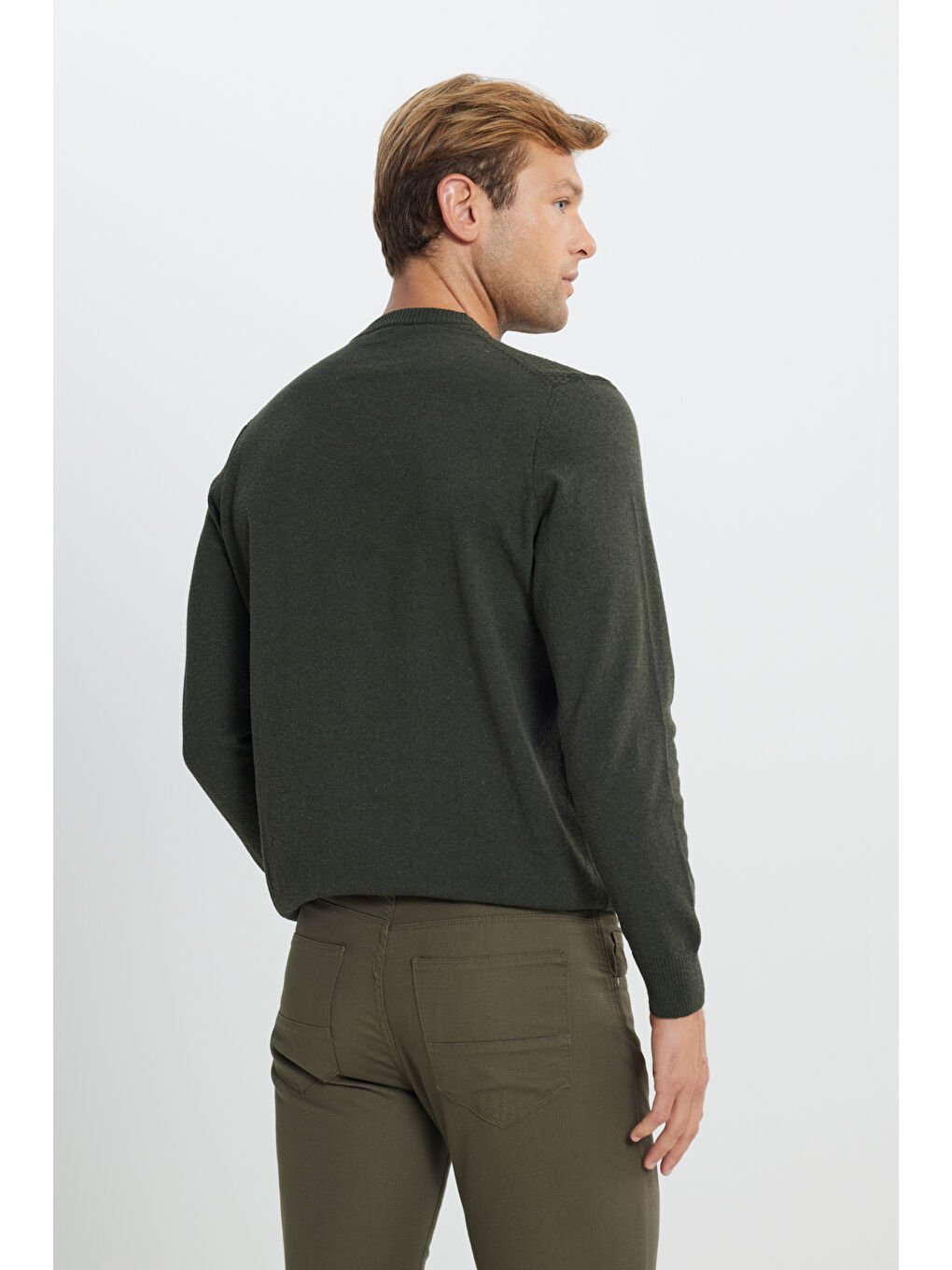 Erkek Haki Pamuklu Standart Fit Normal Kesim Bisiklet Yaka Jakarlı Triko Kazak-5