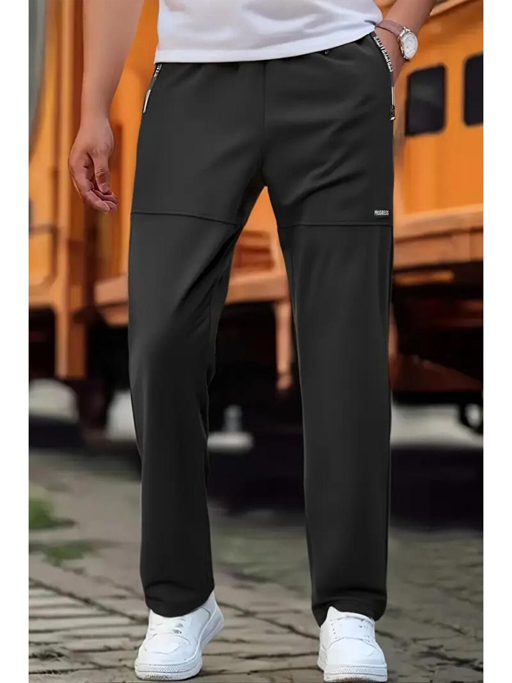 Siyah Progress Fermuar Detaylı Erkek Running Koşu Egzersiz Spor Salonu Eşofman Altı