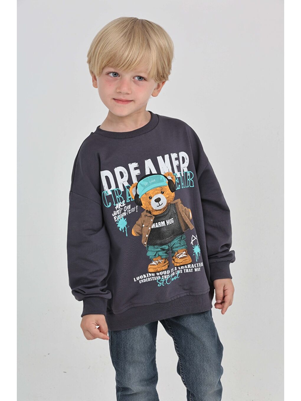 Antrasit Erkek Çocuk Dreamer Ayı Baskılı Sweatshirt-3