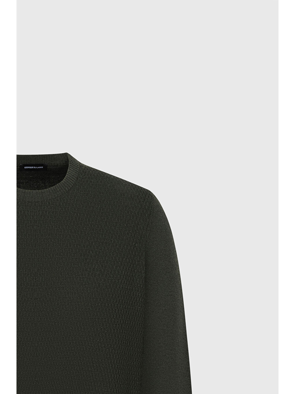 Erkek Haki Pamuklu Standart Fit Normal Kesim Bisiklet Yaka Jakarlı Triko Kazak-7