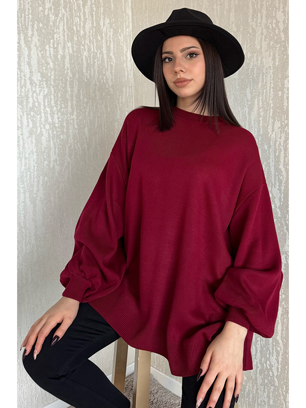 Bordo Kadın Oversize Balon Kol Triko Kazak