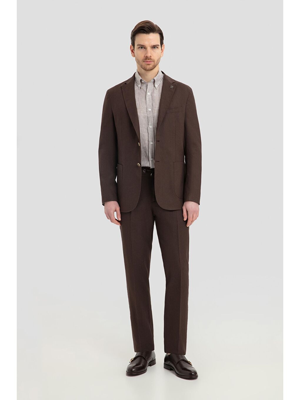 Kahverengi Mono Yaka Keten Takım Elbise Kahve-1