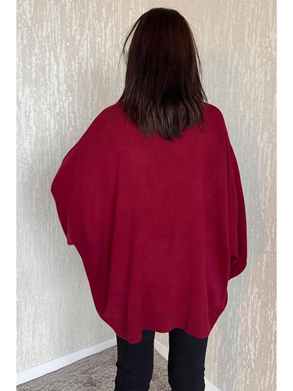 Bordo Kadın Oversize Balon Kol Triko Kazak-3