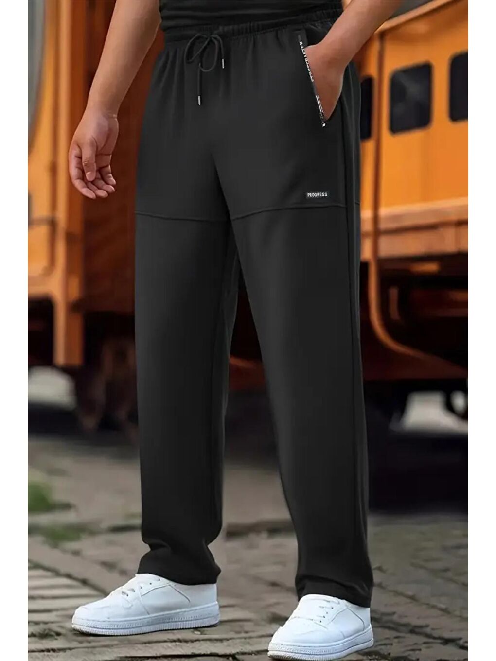 Siyah Progress Fermuar Detaylı Erkek Running Koşu Egzersiz Spor Salonu Eşofman Altı-1