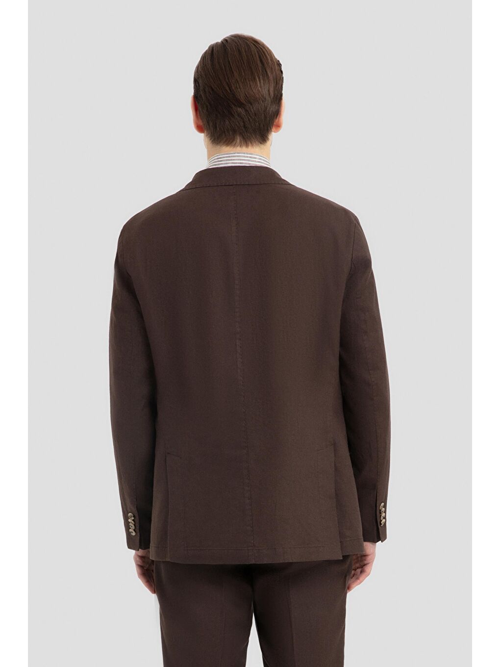 Kahverengi Mono Yaka Keten Takım Elbise Kahve-2