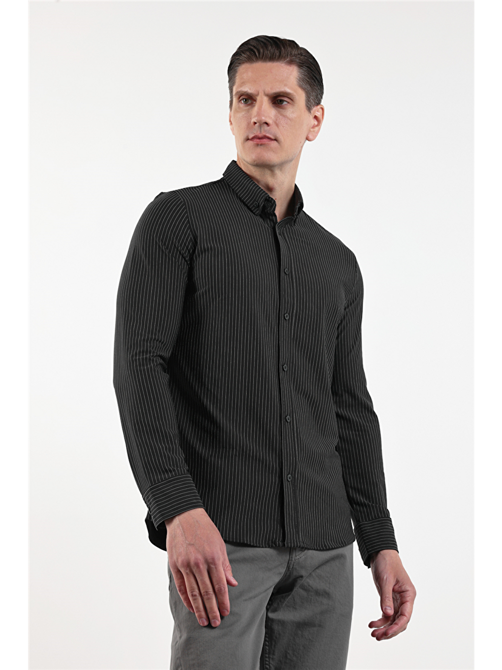 Siyah Çizgili Desen İtalyan Yaka Uzun Kol Torba Cep Standart Fit Esnek Gömlek 1004260157