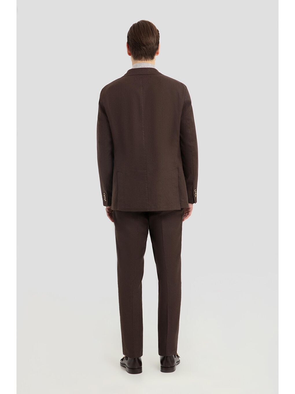 Kahverengi Mono Yaka Keten Takım Elbise Kahve-3