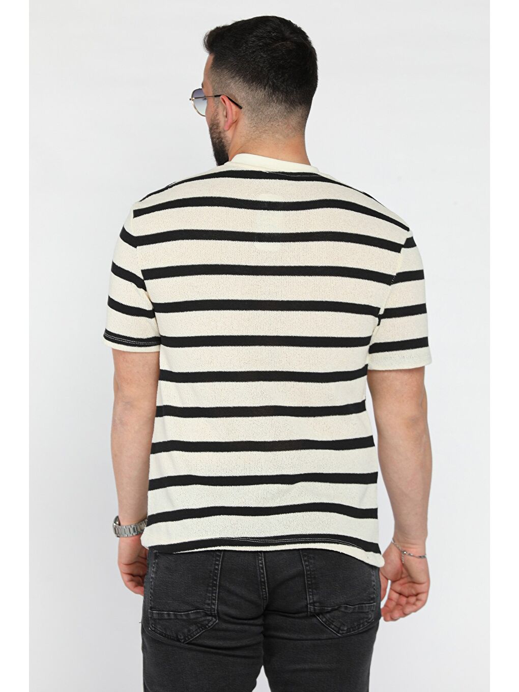 Ekru Erkek Bisiklet Yaka Şerit Desenli Örme Tişört-2